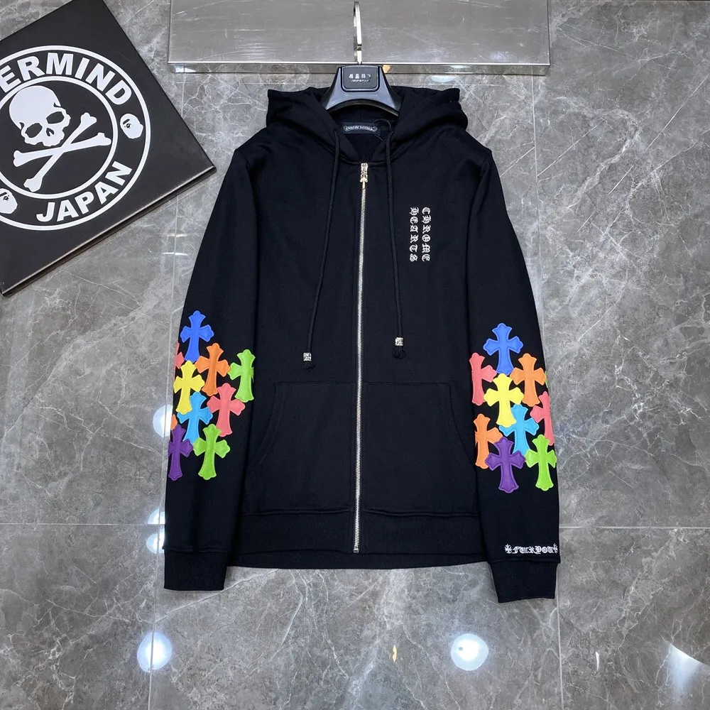 P296 Chrome Hearts🍁Classic Series🍁 Heavy-duty double-arm embroidered cross color patchwork zipper sweatshirt, double sleeves 40 pieces imported color patchwork leather➕Tajima machine embroidery technology, the highest version! The highest version! Improved customized version of 1:1 high-gram weight high-quality fabric 🌈Recommended colors: white black 🌈 Size: S, M, L, XL.